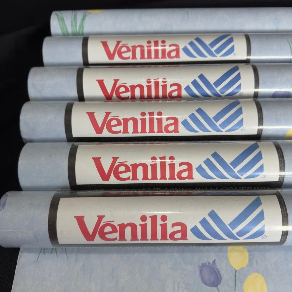 VTG NOS Venilia Blue Tulip Cottagecore Vinyl Wallpaper Prepasted 6 Rolls
